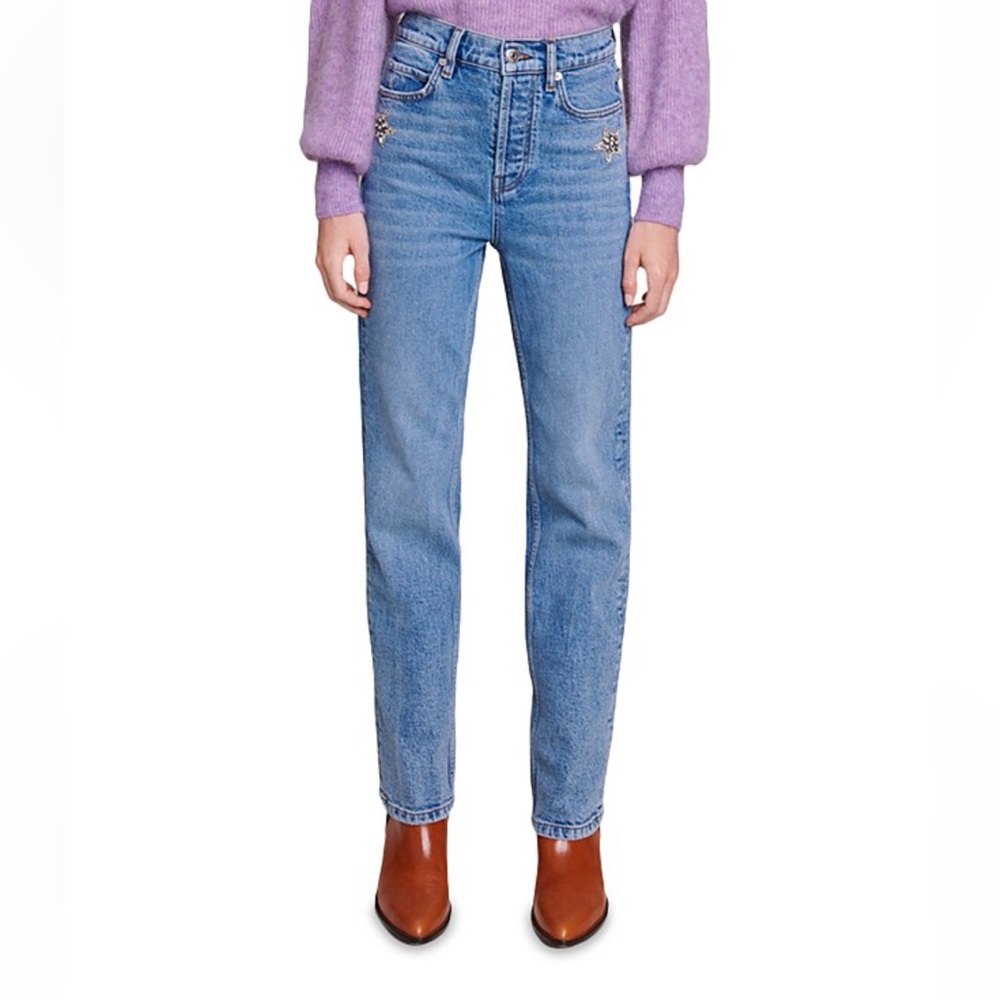 NWT Maje Pagody Crystal Embellished Straight Leg Stretch Denim Button Fly Jeans - Picture 15 of 16